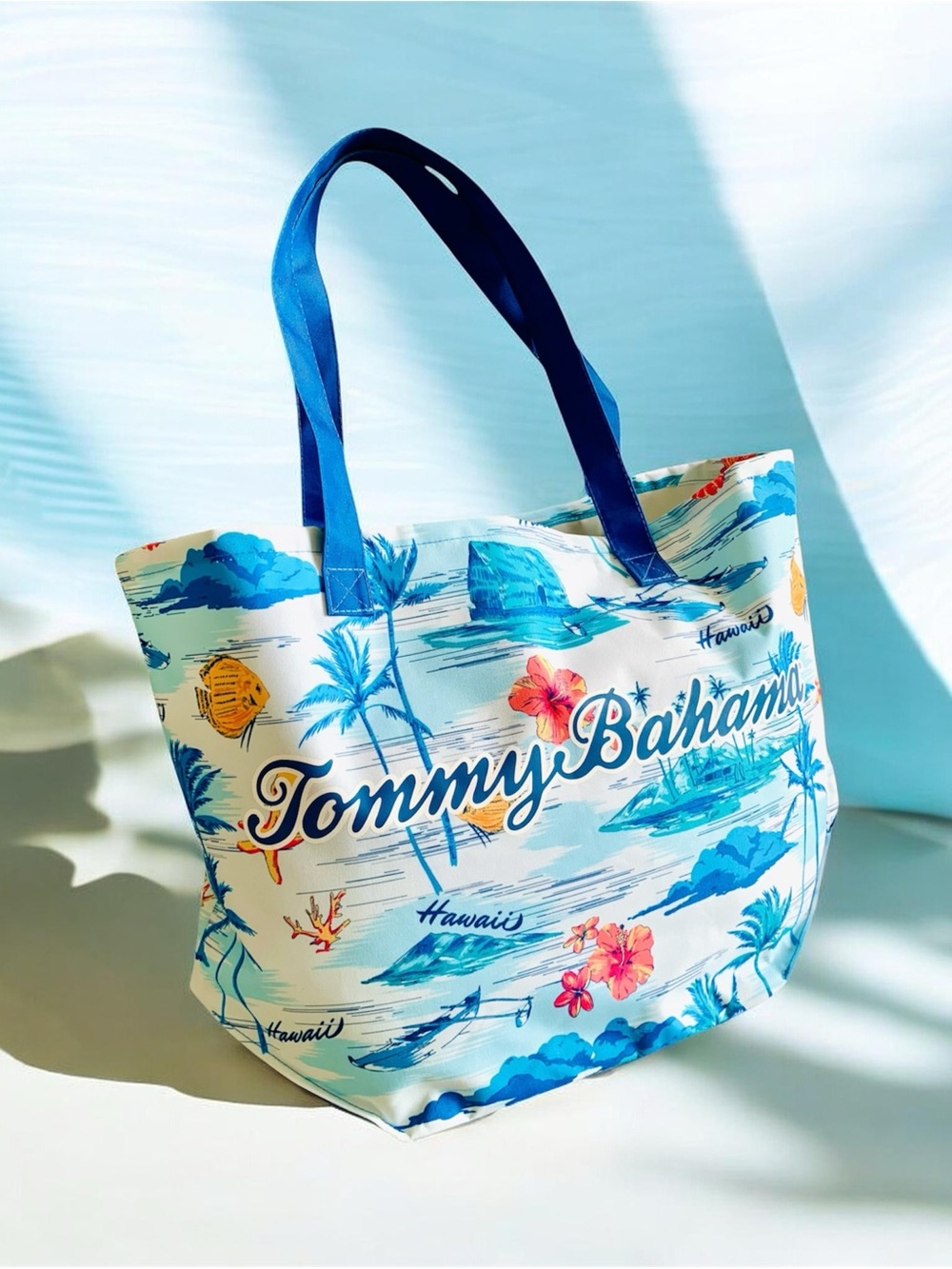 Tommy Bahama Hawaii Beach Tote Bag Large NWOT Blue Tropical Print